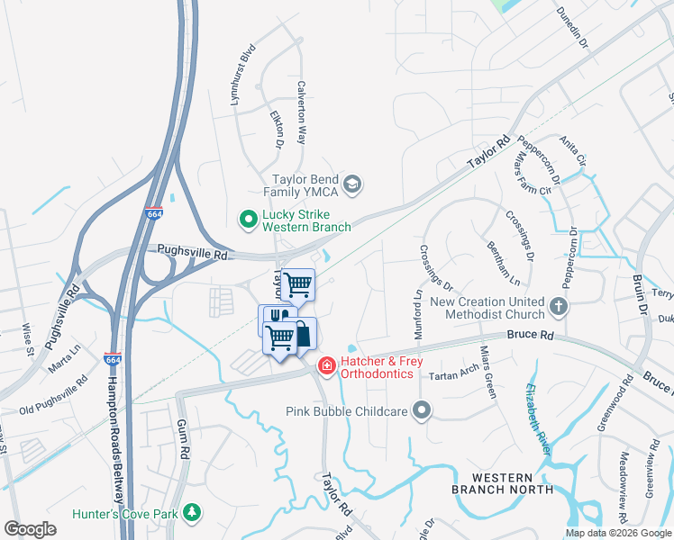 map of restaurants, bars, coffee shops, grocery stores, and more near 3453 Cricket Hollow Lane in Chesapeake