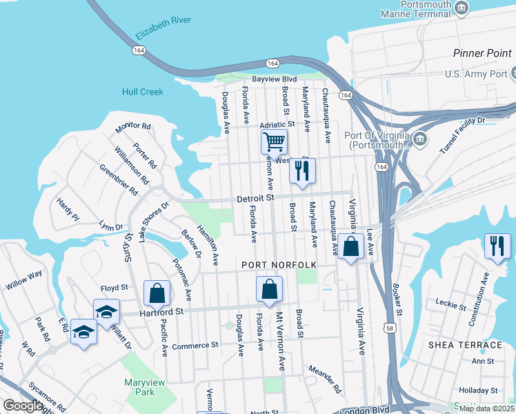map of restaurants, bars, coffee shops, grocery stores, and more near 409 Florida Avenue in Portsmouth