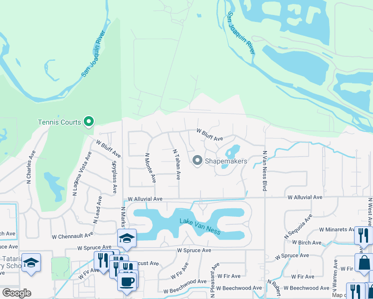 map of restaurants, bars, coffee shops, grocery stores, and more near 2727 West Bluff Avenue in Fresno