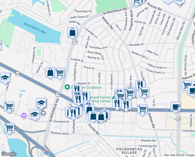 map of restaurants, bars, coffee shops, grocery stores, and more near 404 Grenfell Avenue in Virginia Beach