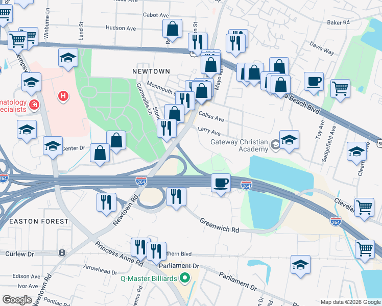 map of restaurants, bars, coffee shops, grocery stores, and more near 5741 Cleveland Street in Virginia Beach