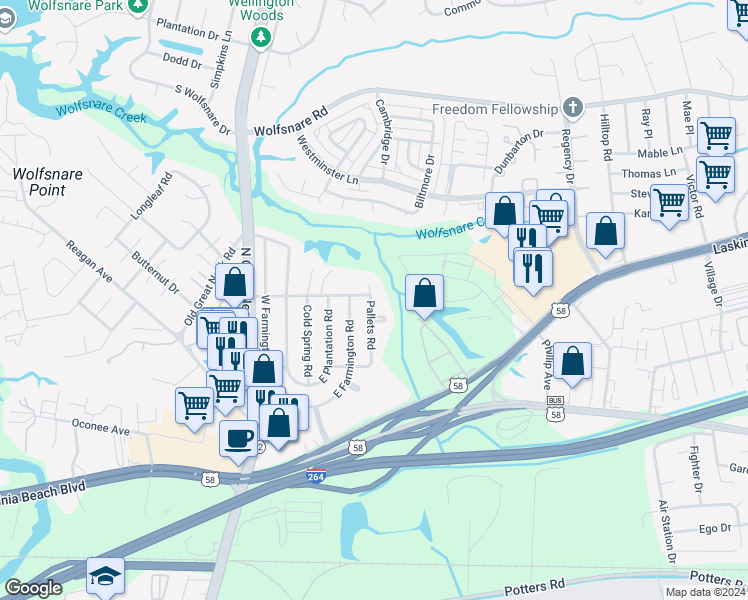 map of restaurants, bars, coffee shops, grocery stores, and more near 440 Pallets Road in Virginia Beach