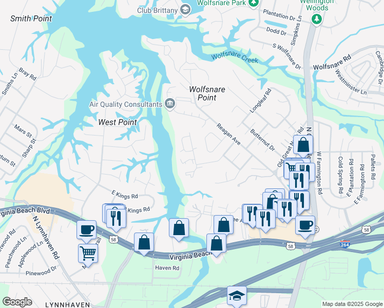 map of restaurants, bars, coffee shops, grocery stores, and more near 401 Benlea Circle in Virginia Beach