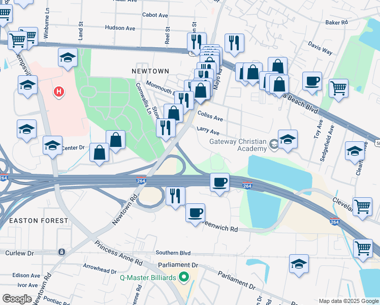 map of restaurants, bars, coffee shops, grocery stores, and more near 5741 Cleveland Street in Virginia Beach