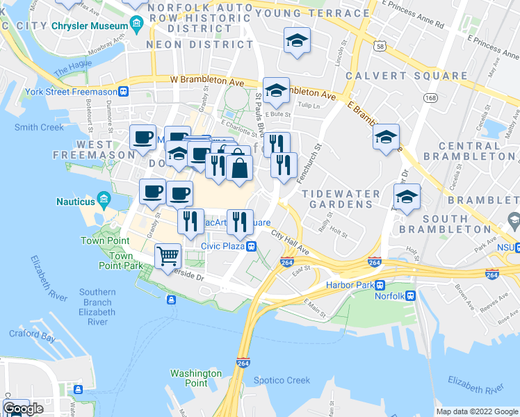 map of restaurants, bars, coffee shops, grocery stores, and more near 201 St Pauls Blvd in Norfolk
