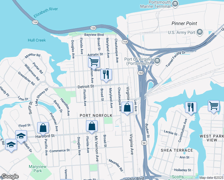map of restaurants, bars, coffee shops, grocery stores, and more near 407 Maryland Avenue in Portsmouth