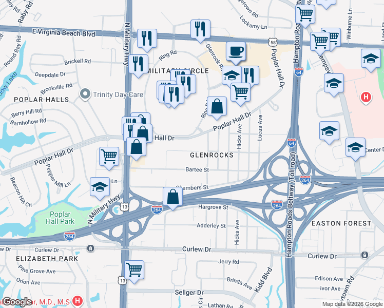 map of restaurants, bars, coffee shops, grocery stores, and more near 5847 Finney Street in Norfolk