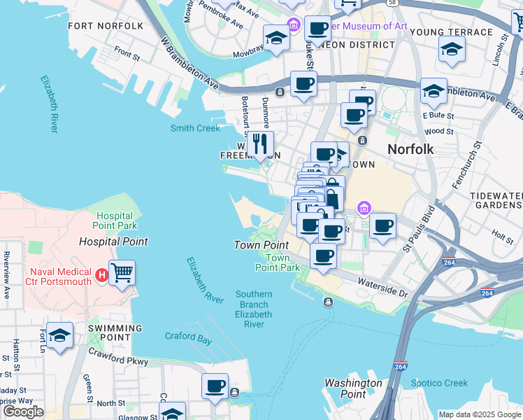 map of restaurants, bars, coffee shops, grocery stores, and more near 1 Waterside Drive in Norfolk