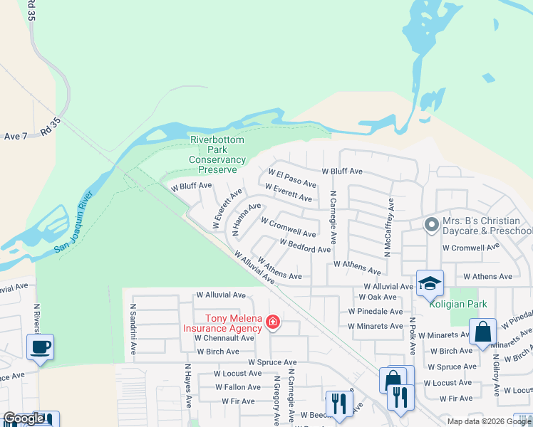 map of restaurants, bars, coffee shops, grocery stores, and more near 7671 North Erie Avenue in Fresno