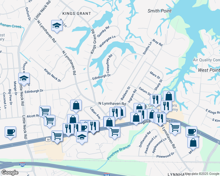 map of restaurants, bars, coffee shops, grocery stores, and more near 412 Canterbury Road in Virginia Beach