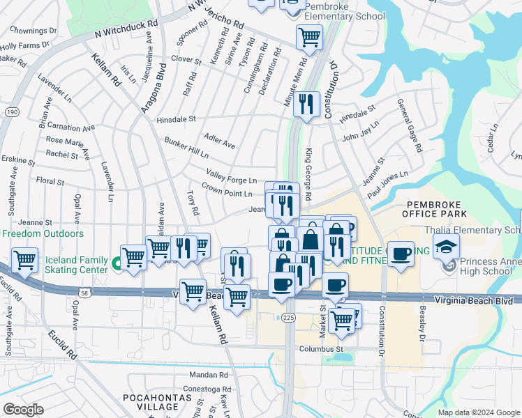 map of restaurants, bars, coffee shops, grocery stores, and more near 4621 Jeanne Street in Virginia Beach
