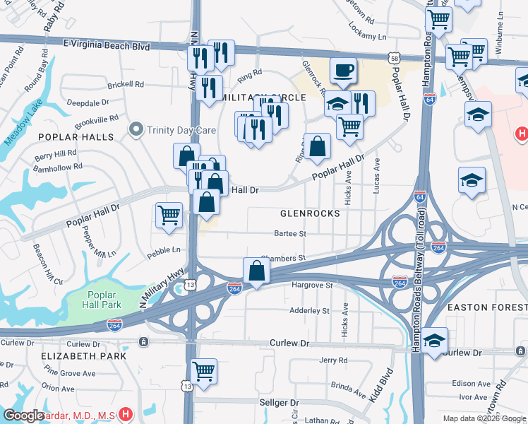 map of restaurants, bars, coffee shops, grocery stores, and more near 5823 Finney Street in Norfolk
