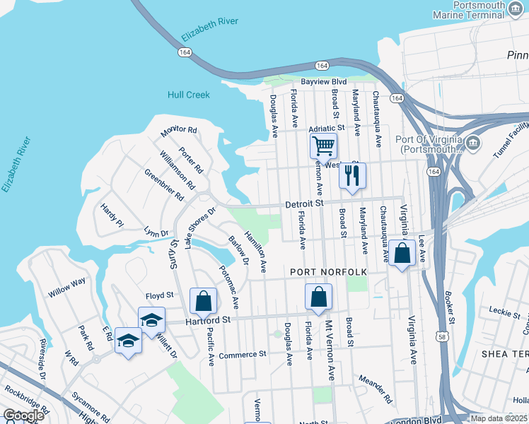 map of restaurants, bars, coffee shops, grocery stores, and more near 424 Douglas Avenue in Portsmouth