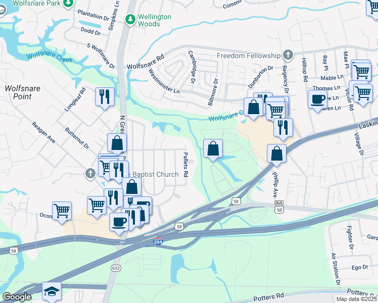 map of restaurants, bars, coffee shops, grocery stores, and more near 440 Pallets Road in Virginia Beach