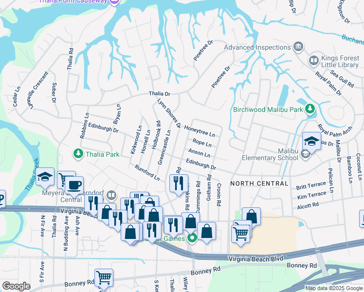 map of restaurants, bars, coffee shops, grocery stores, and more near 513 Seeman Road in Virginia Beach