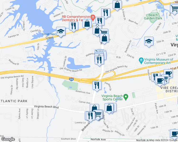 map of restaurants, bars, coffee shops, grocery stores, and more near 408 Sea Pointe Court in Virginia Beach