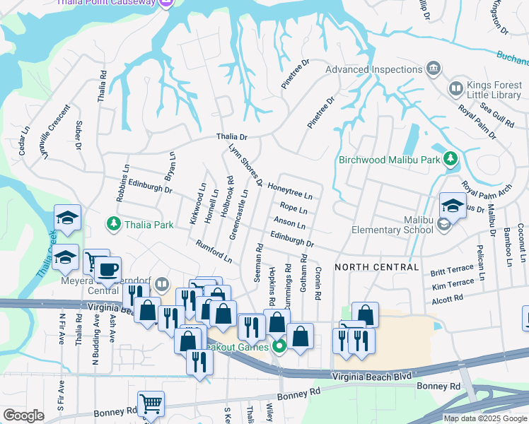 map of restaurants, bars, coffee shops, grocery stores, and more near 513 Seeman Road in Virginia Beach