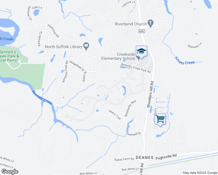 map of restaurants, bars, coffee shops, grocery stores, and more near 3700 Bridlepath Lane in Suffolk