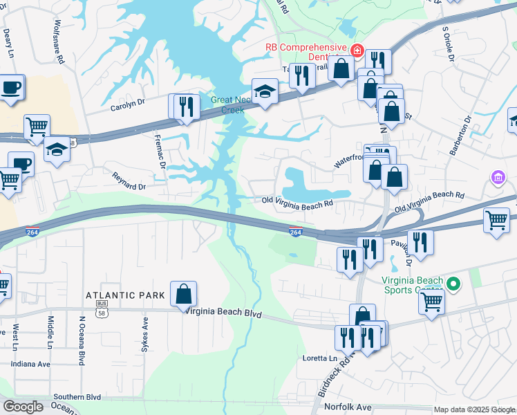 map of restaurants, bars, coffee shops, grocery stores, and more near 1245 Old Virginia Beach Road in Virginia Beach