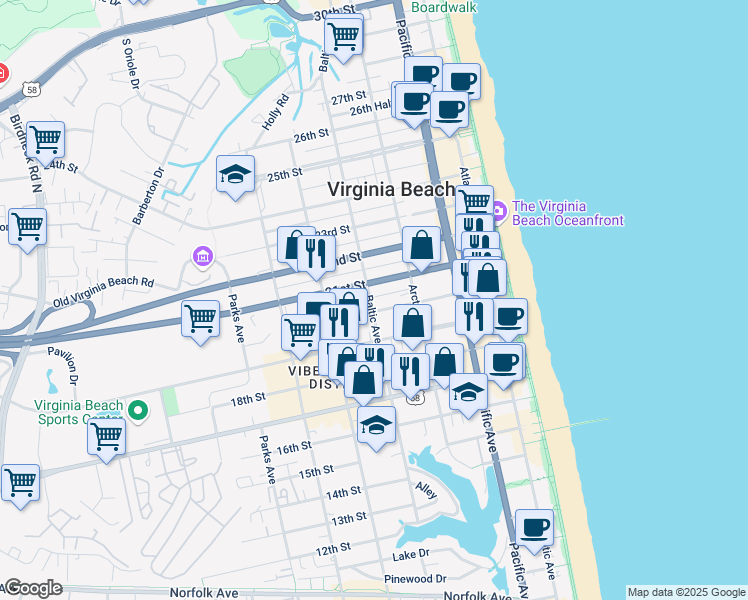 map of restaurants, bars, coffee shops, grocery stores, and more near 2005 Baltic Avenue in Virginia Beach