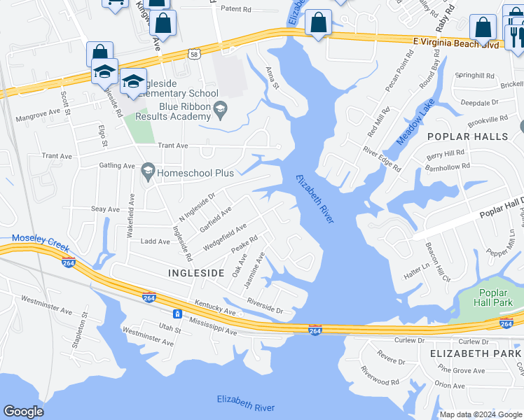 map of restaurants, bars, coffee shops, grocery stores, and more near 3800 Wedgefield Avenue in Norfolk