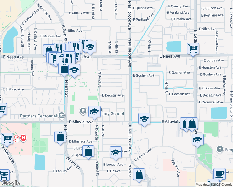 map of restaurants, bars, coffee shops, grocery stores, and more near 927 East Decatur Avenue in Fresno