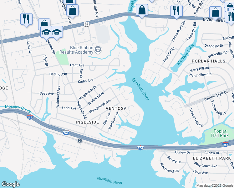 map of restaurants, bars, coffee shops, grocery stores, and more near 3800 Wedgefield Avenue in Norfolk