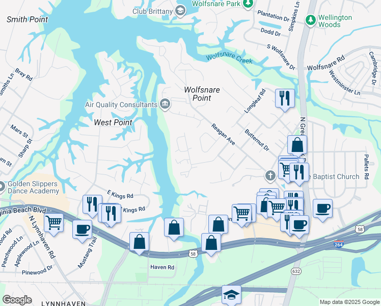 map of restaurants, bars, coffee shops, grocery stores, and more near 415 Back Acres Court in Virginia Beach