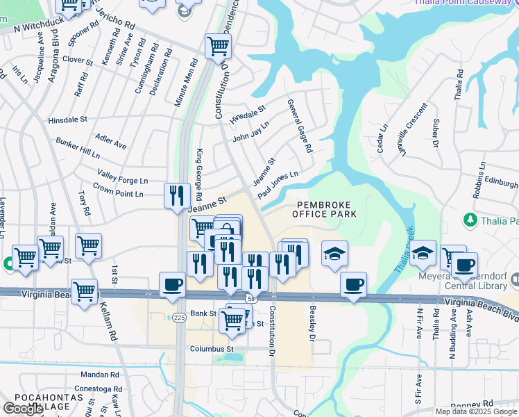 map of restaurants, bars, coffee shops, grocery stores, and more near 360 Constitution Drive in Virginia Beach