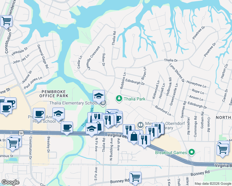 map of restaurants, bars, coffee shops, grocery stores, and more near 4165 Rundel Lane in Virginia Beach