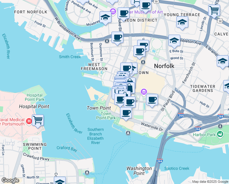 map of restaurants, bars, coffee shops, grocery stores, and more near 150 Boush Street in Norfolk