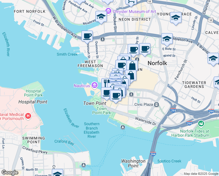 map of restaurants, bars, coffee shops, grocery stores, and more near 150 Boush Street in Norfolk