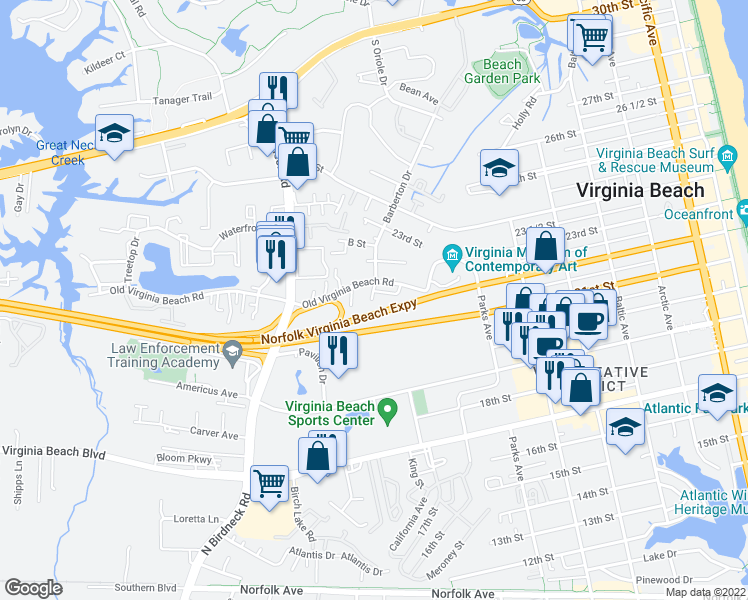 map of restaurants, bars, coffee shops, grocery stores, and more near 408 Barberton Drive in Virginia Beach