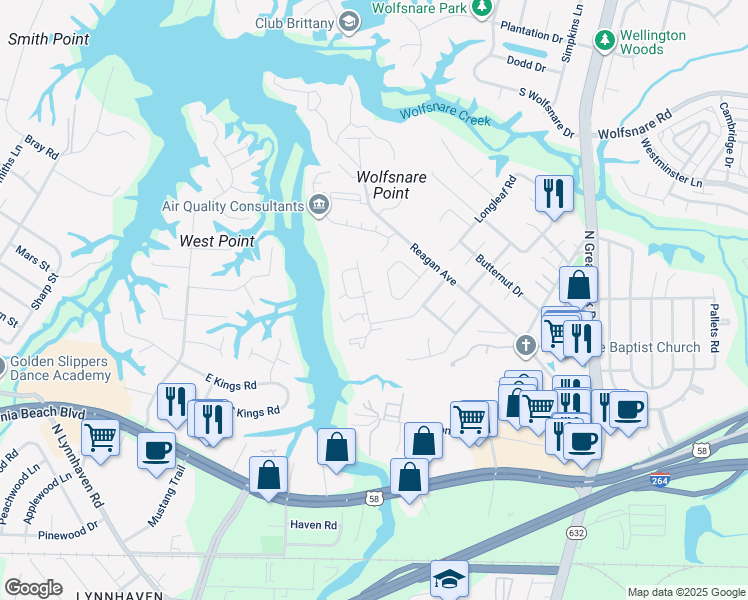 map of restaurants, bars, coffee shops, grocery stores, and more near 409 Back Acres Court in Virginia Beach