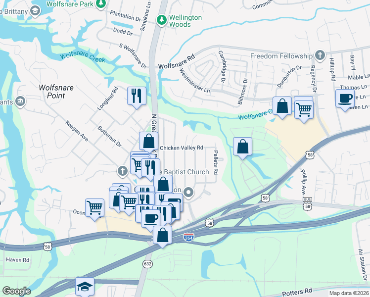 map of restaurants, bars, coffee shops, grocery stores, and more near 516 Cold Spring Road in Virginia Beach