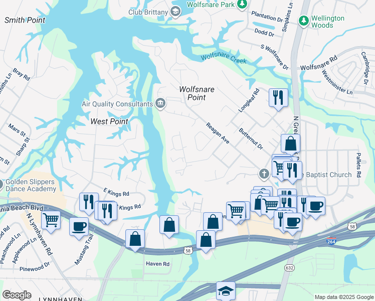 map of restaurants, bars, coffee shops, grocery stores, and more near 409 Back Acres Court in Virginia Beach