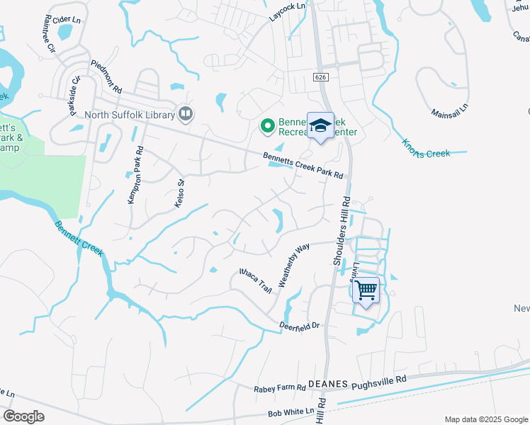 map of restaurants, bars, coffee shops, grocery stores, and more near 3603 Hennesy Cup Way in Suffolk