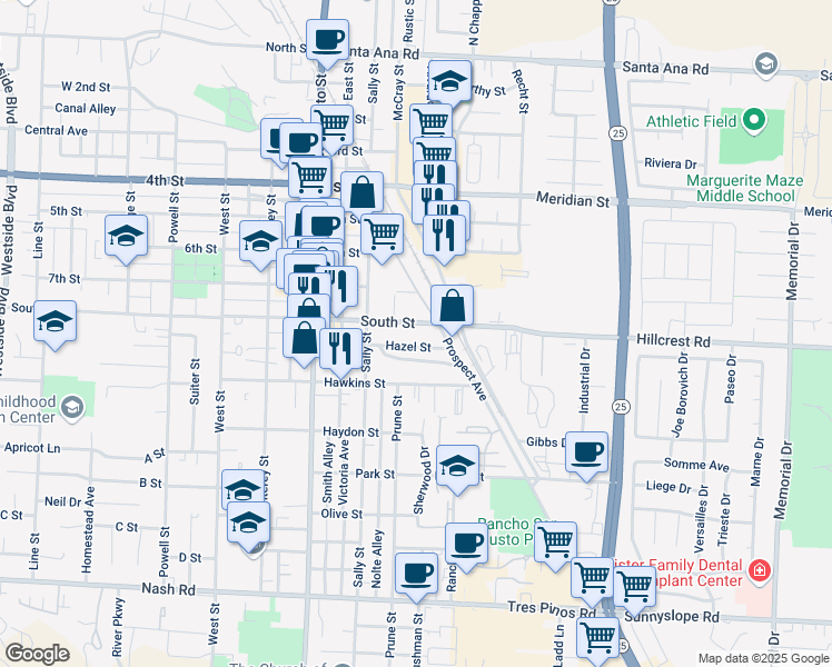 map of restaurants, bars, coffee shops, grocery stores, and more near 32 Hazel Street in Hollister
