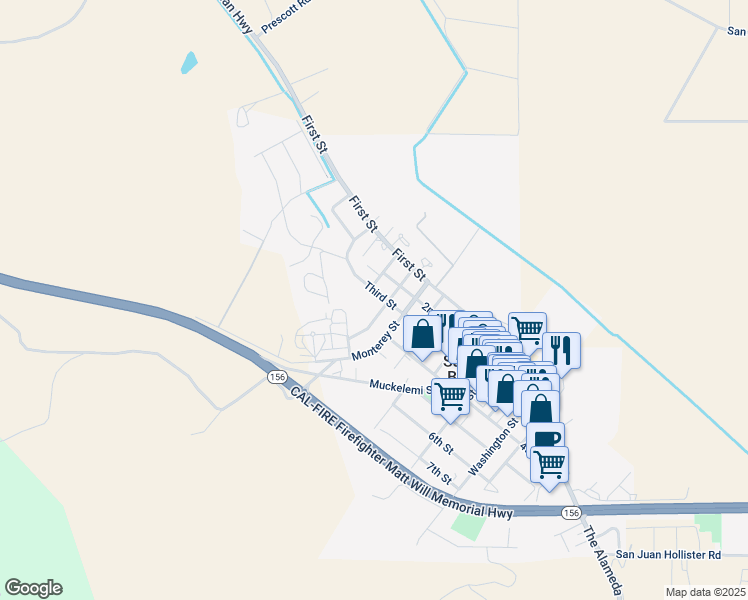 map of restaurants, bars, coffee shops, grocery stores, and more near 44 Church Street South in San Juan Bautista
