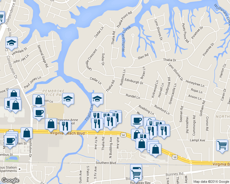 map of restaurants, bars, coffee shops, grocery stores, and more near 4165 Rundel Lane in Virginia Beach