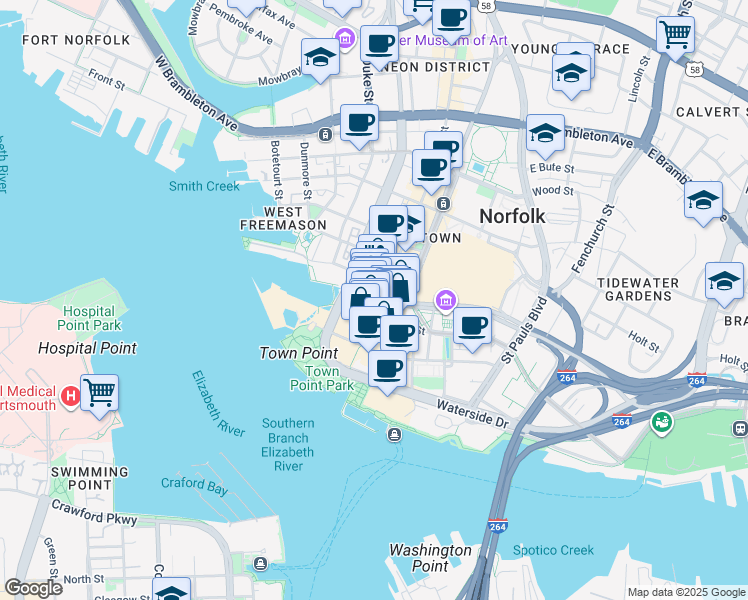 map of restaurants, bars, coffee shops, grocery stores, and more near 150 Granby Street in Norfolk