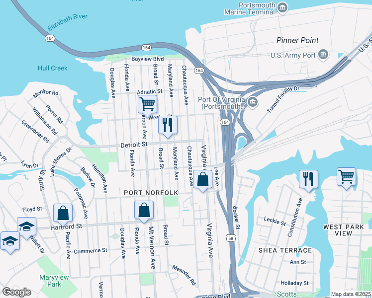 map of restaurants, bars, coffee shops, grocery stores, and more near 427 Maryland Avenue in Portsmouth