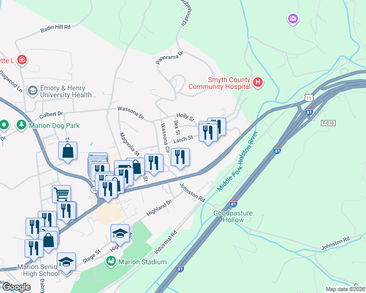 map of restaurants, bars, coffee shops, grocery stores, and more near 200 Larch Street in Marion