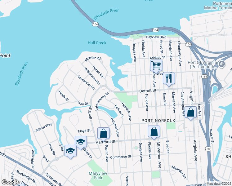 map of restaurants, bars, coffee shops, grocery stores, and more near 3137 Detroit Street in Portsmouth