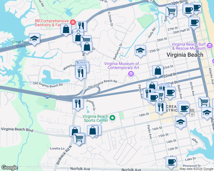 map of restaurants, bars, coffee shops, grocery stores, and more near 411 Barberton Drive in Virginia Beach