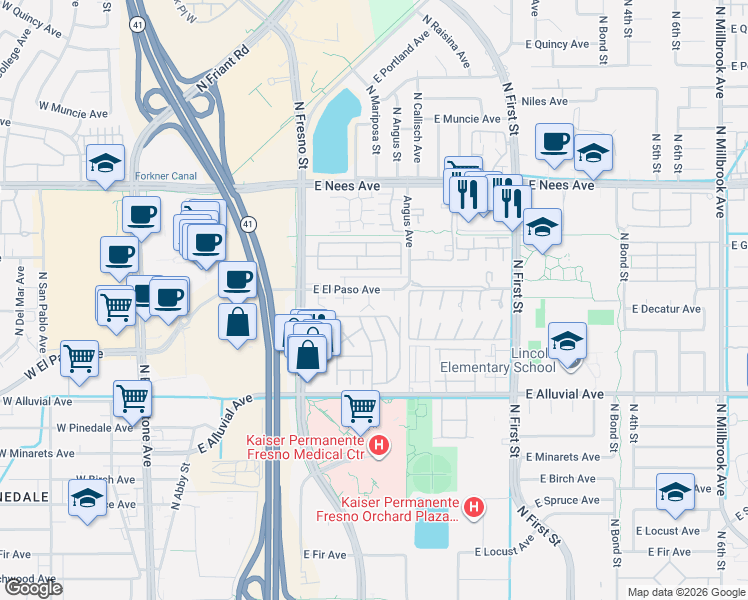 map of restaurants, bars, coffee shops, grocery stores, and more near 7561 North Mariposa Street in Fresno