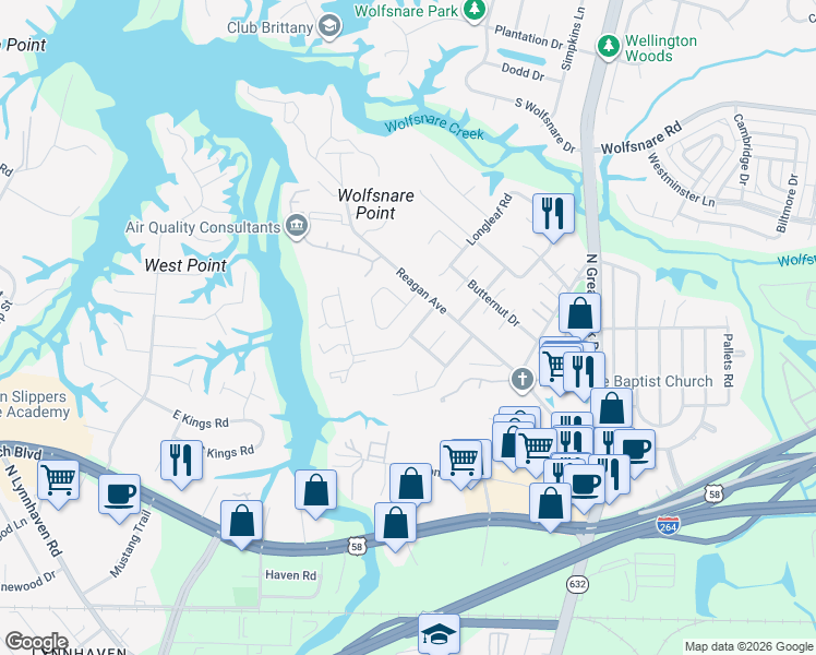 map of restaurants, bars, coffee shops, grocery stores, and more near 425 Wayman Lane in Virginia Beach