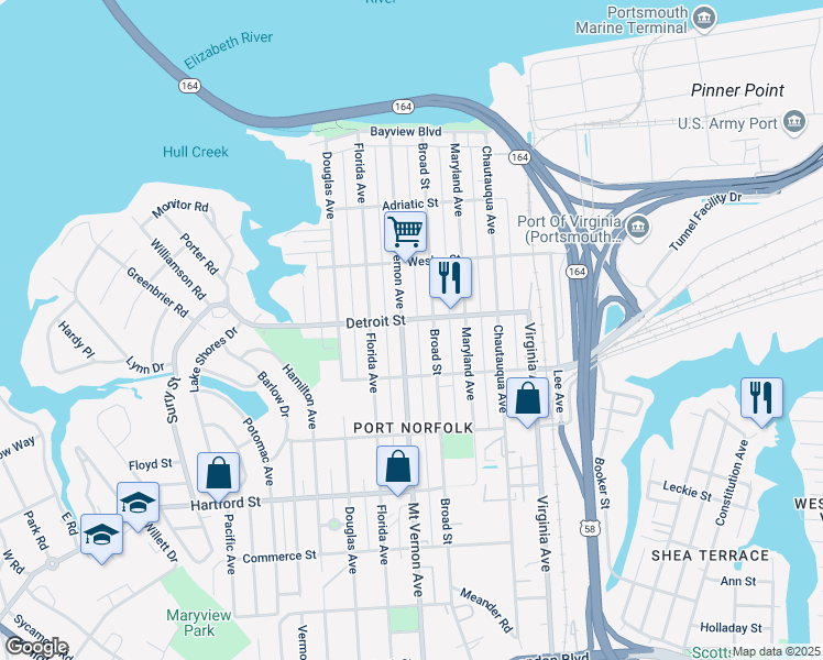 map of restaurants, bars, coffee shops, grocery stores, and more near 411 Mount Vernon Avenue in Portsmouth
