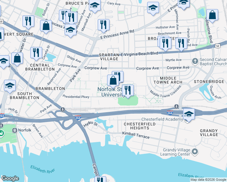 map of restaurants, bars, coffee shops, grocery stores, and more near 700 Park Avenue in Norfolk