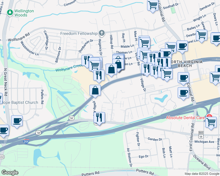 map of restaurants, bars, coffee shops, grocery stores, and more near 1917 Laskin Road in Virginia Beach